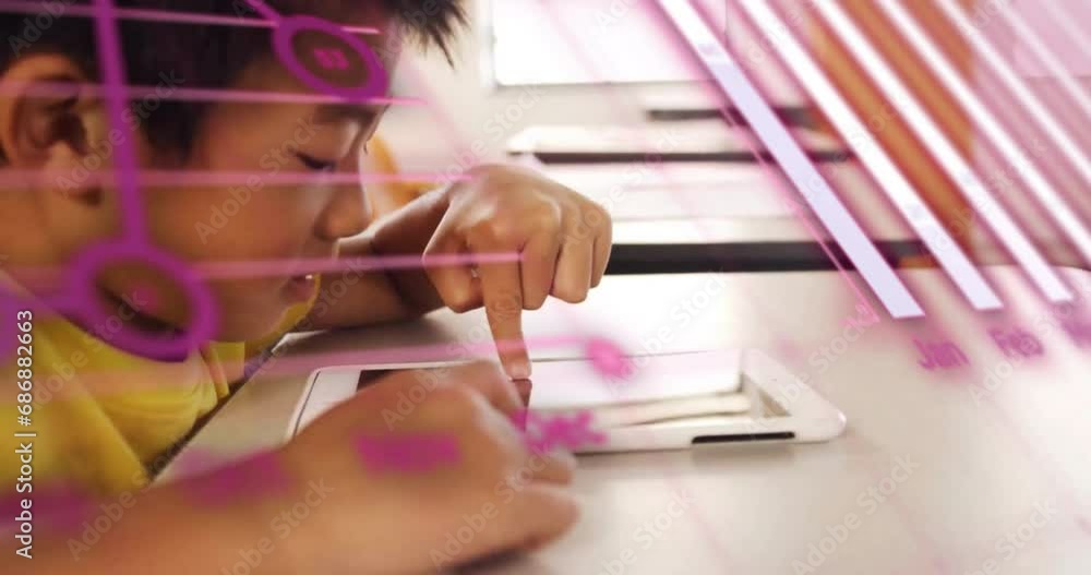 Poster animation of graphs, globe and computer language over asian boy using digital tablet in classroom