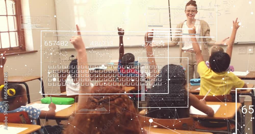 Poster animation of graphs, connected dots and loading bars, diverse students raising hands in classroom