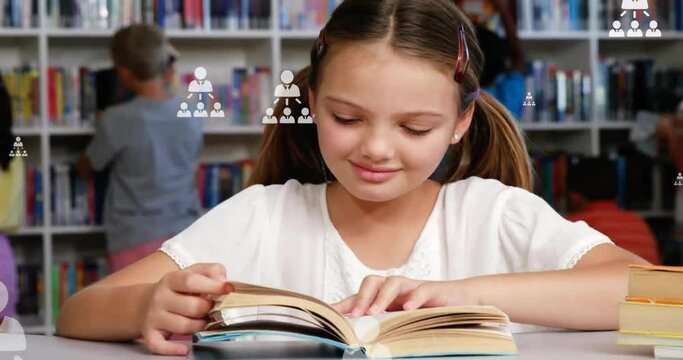 Animation of profile icon flowchart over caucasian girl reading book in library in school