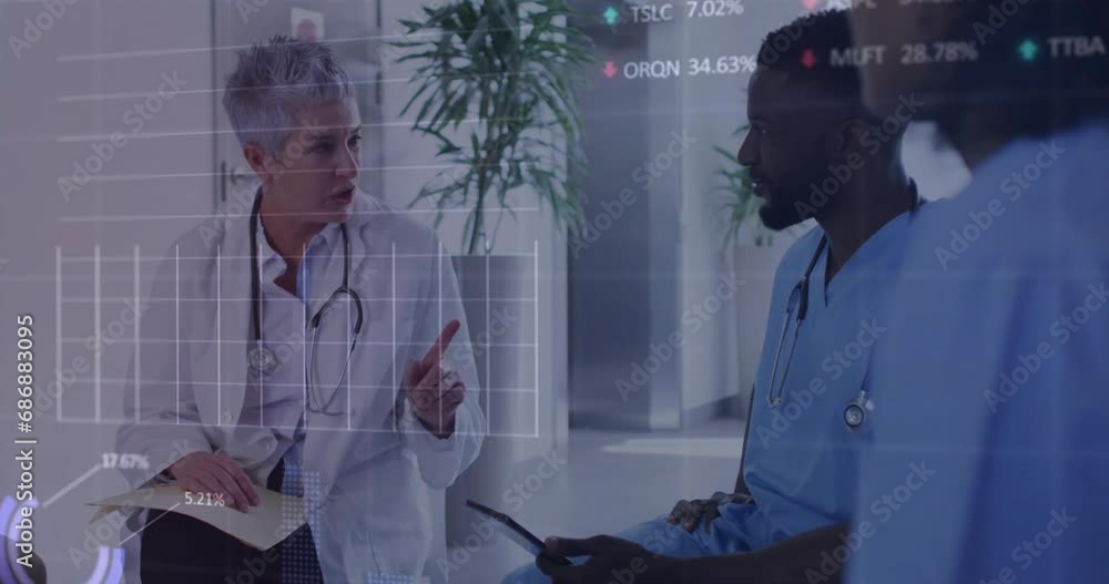 Poster animation of multiple graphs and trading boards over diverse doctors discussing in hospital