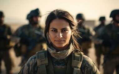 Fototapeta premium Female soldier in military uniform against the background of the Middle Eastern territories