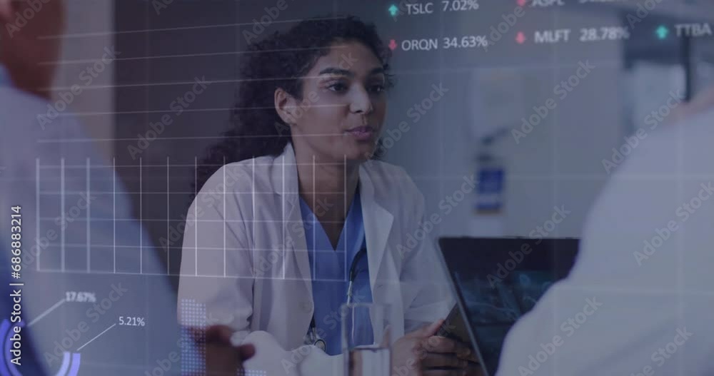 Poster animation of multiple graphs and trading boards over diverse doctor discussing patient reports