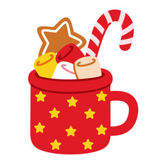 Christmas mug with marshmallow, candy cane and gingerbread star. Holiday red cup in cartoon flat style. Isolated vector illustration on a white background. Perfect for Xmas and New Year winter design.