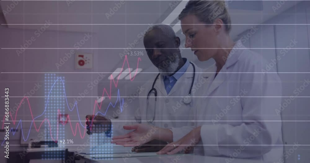 Poster animation of multiple graphs with changing numbers over diverse doctors discussing patient x-ray