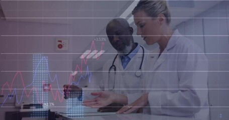 Animation of multiple graphs with changing numbers over diverse doctors discussing patient x-ray - Powered by Adobe
