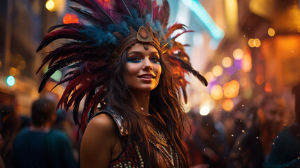 Happy woman with colorful tribal feathers on the street during carnival event with floating confetti and bokeh on background. Street performer wearing native feathered headdress - obrazy, fototapety, plakaty