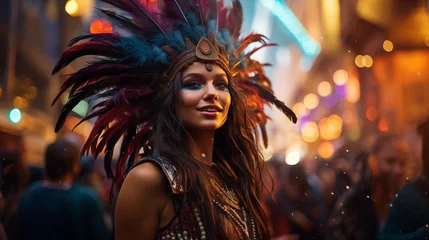 Foto op Plexiglas Happy woman with colorful tribal feathers on the street during carnival event with floating confetti and bokeh on background. Street performer wearing native feathered headdress © olympuscat