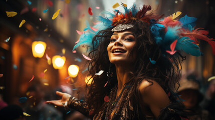 Happy woman dressed with vibrant feathers dancing on the street during carnival event with floating confetti and feather on background