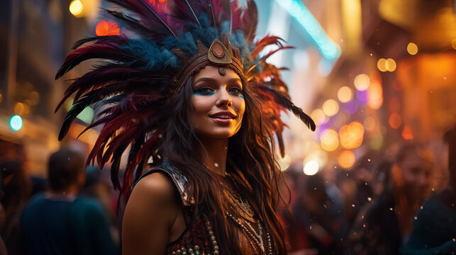 Happy woman with colorful tribal feathers on the street during carnival event with floating confetti and bokeh on background. Street performer wearing native feathered headdress