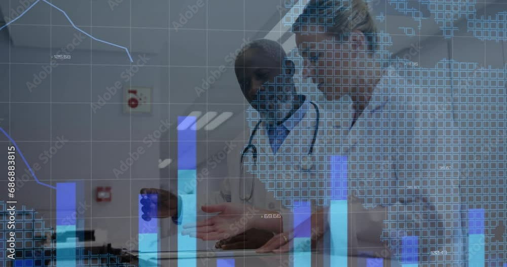 Poster animation of graphs, changing numbers and map over diverse doctors discussing patients reports