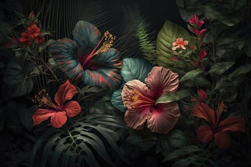 Fototapeta na wymiar Vintage tropical hibiscus flowers, floral mystical jungle rainforest foliage background illustration Generative AI
