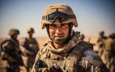 Fototapeta premium Male soldier in military uniform against the background of the Middle Eastern territories