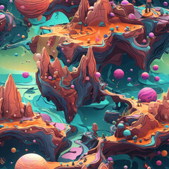 Fantasy Dream Landscape Seamless Pattern Colorful Digital Art Background Design