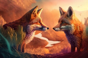 Two foxes standing by river sunset with vibrant colors canine red fox