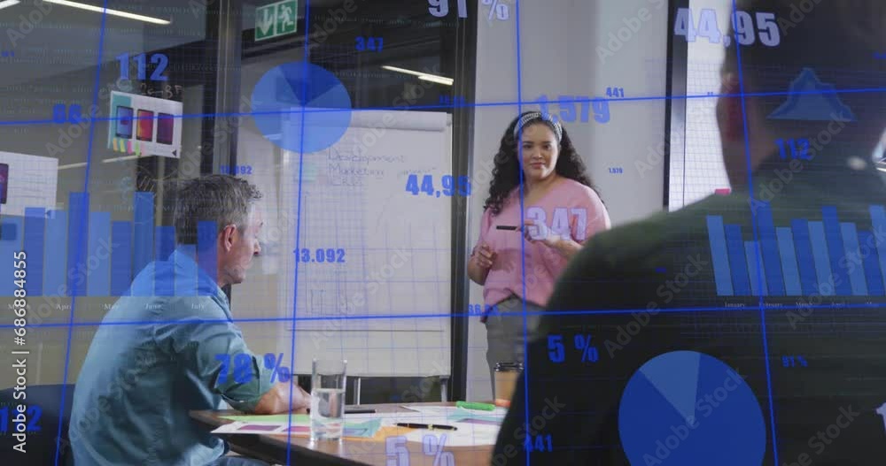 Poster animation of multiple graphs with changing numbers, diverse woman explaining reports to coworkers