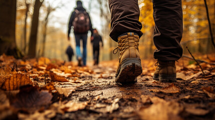 person walking in autumn forest, trip concept