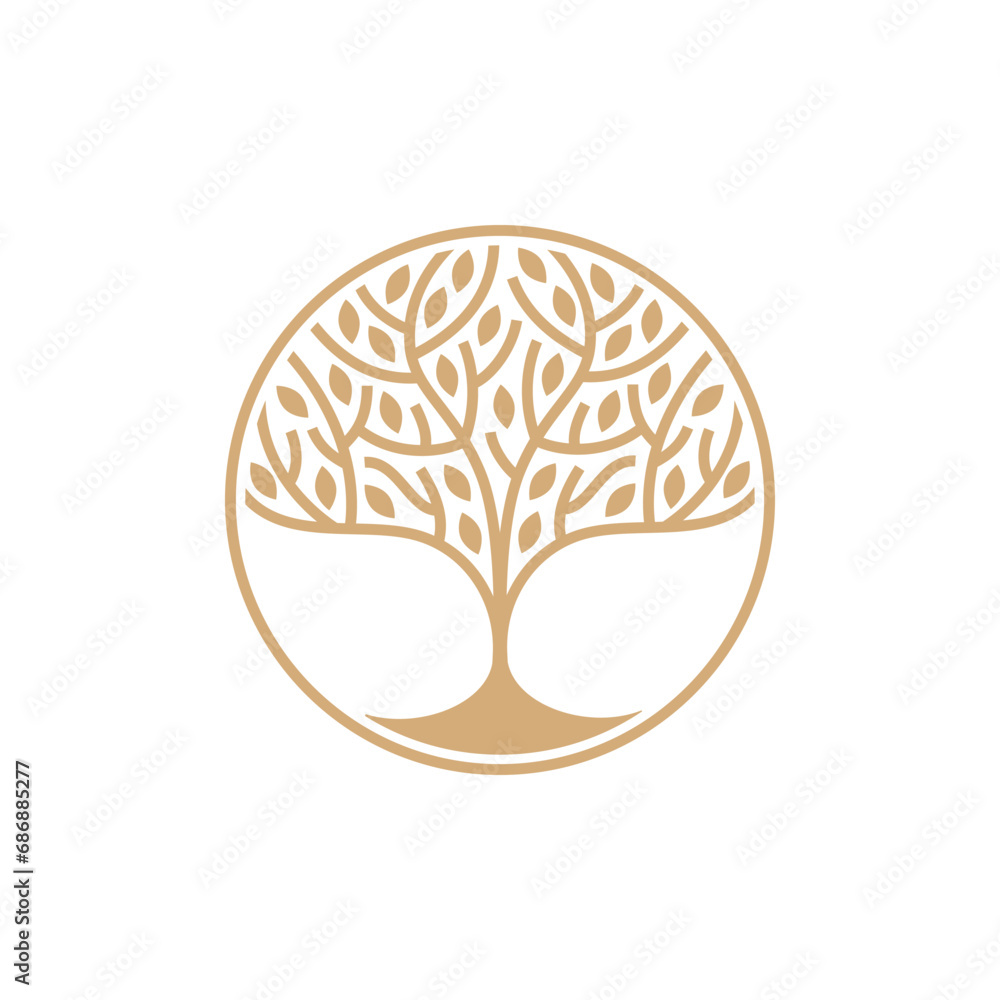 Poster vector logo design template and emblem made with lines - green tree - ecology, organic and natural c
