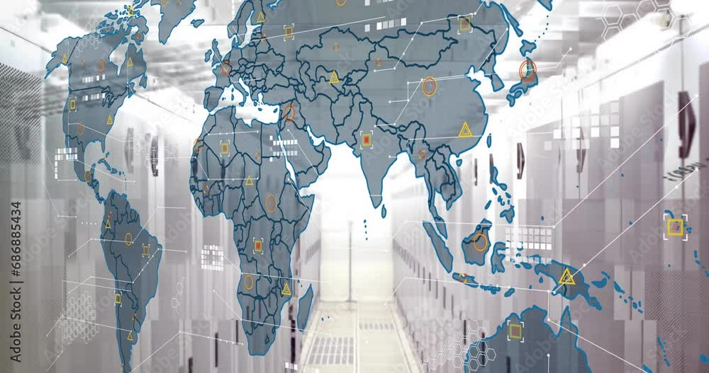Poster animation of map and computer language over data server room