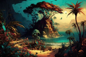 Fototapeta na wymiar Dreamy vintage dark tropical nature sunset palm jungle magic background illustration Generative AI