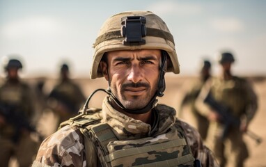 Fototapeta premium Male soldier in military uniform against the background of the Middle Eastern territories