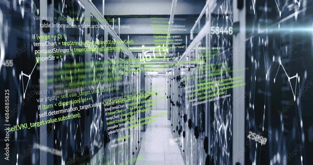 Poster animation of computer language, changing numbers over connected dots on data server systems