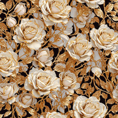 Blooming Golden Rose Flowers Seamless Pattern Beautiful Floral Art Digital Background Design