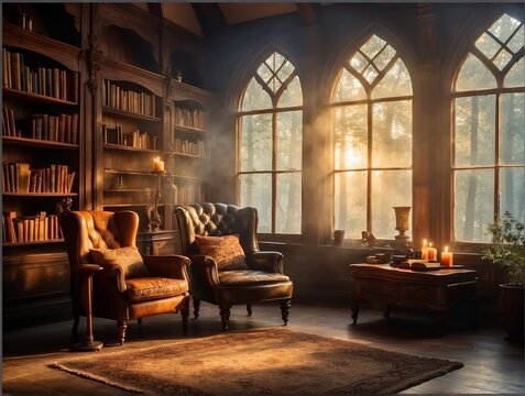 Old Library with Bookshelves and a curly window overlooking the fog. Cozy Armchairs, the interior of a Vintage Wooden room. generated by ai.