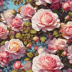 Blooming Pink Rose Flowers Seamless Pattern Beautiful Floral Art Digital Background Design