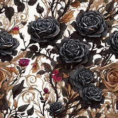 Blooming Black Rose Flowers Seamless Pattern Beautiful Floral Art Digital Background Design