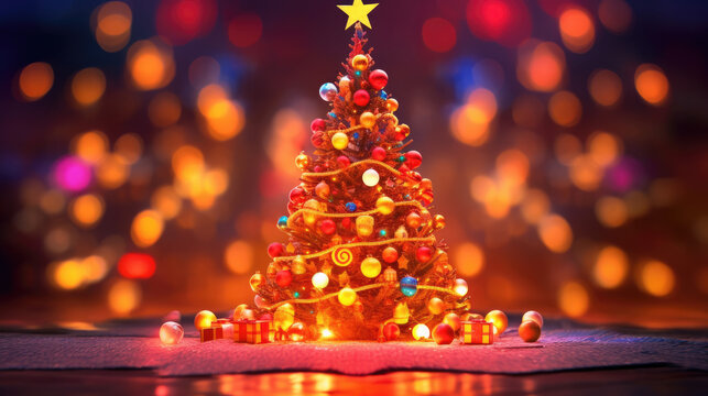 A stunning image of a Christmas tree covered in ornaments, illuminated by a sea of red bokeh lights. light backgroud