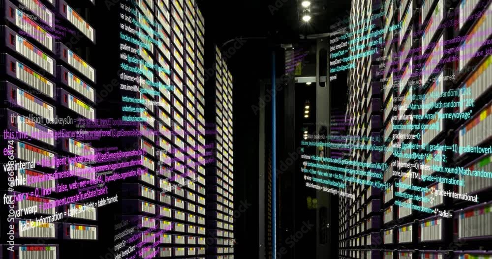 Poster animation of multicolored computer language over large data server room