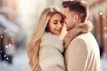 Winter wonder: A couple shares infectious smiles on a snow-laden street, embodying the enchantment of a winter wonderland. (Couple with infectious smiles