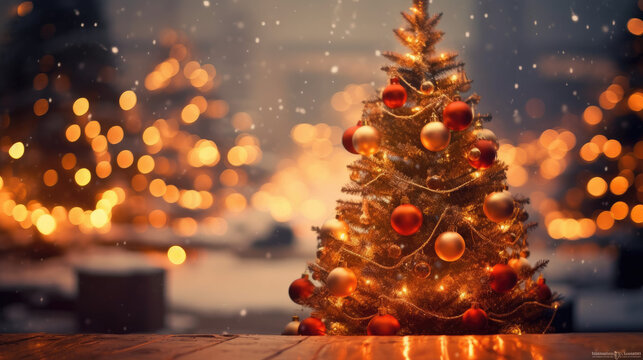 Create a dreamy holiday atmosphere with a picture of a Christmas tree adorned with ornaments and surrounded by red bokeh lights. light backgroud