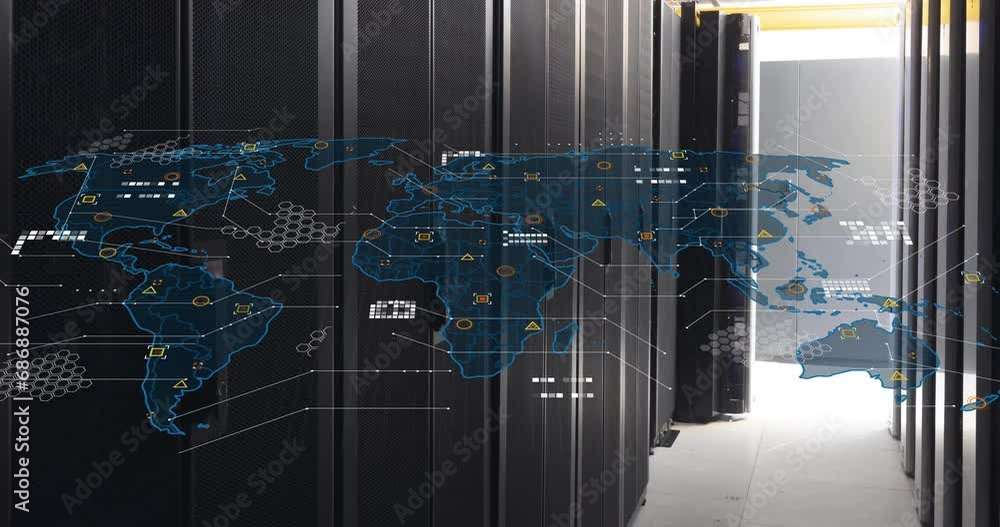 Poster animation of circuit board pattern and geometric shapes on map over data server room