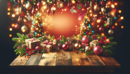 Fototapeta na wymiar christmas tree and gifts wooden table mockup