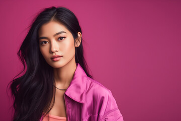 attractive asian woman. over 20 years of age. Japanese, Chinese beauty. attractive brunette model. concept of joy, hope. pink, purple, violet tones