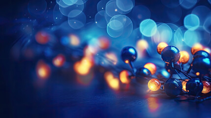 Fascinating bokeh effect created by Christmas garland lights against a midnight blue backdrop. - obrazy, fototapety, plakaty