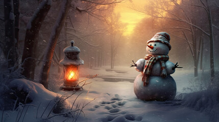 A picturesque winter tableau with a grinning snowman.