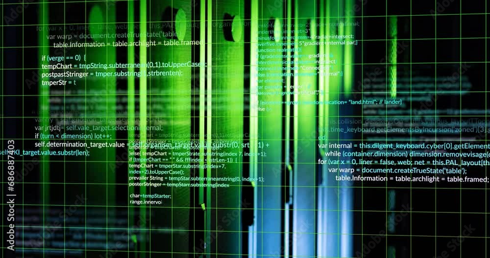 Poster animation of grid pattern and multicolored computer language over data server systems