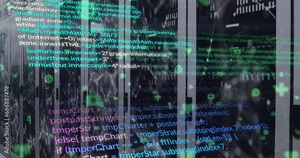 Poster animation of computer language over connected dots on data server systems in server room