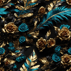 Naklejka premium Feathers and Rose Flowers Seamless Pattern Beautiful Floral Art Digital Background Design