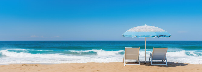 Beautiful Beach side view of the beautiful blue ocean water with waves during a bright sunny day and blue sky,  folding chairs with sun umbrella