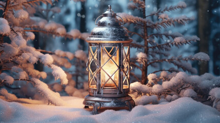 Snow-covered lantern with a backdrop of glistening fir branches. light backgroud