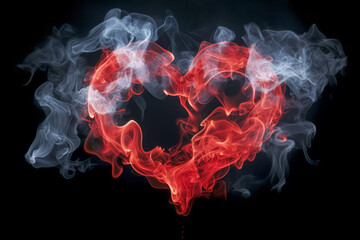 The photo depicts a heart shape formed by intertwining red and white smoke against a dark background, symbolizing passion and purity. - obrazy, fototapety, plakaty