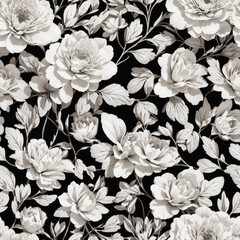 Black and White Flowers Illustration Background Seamless Pattern Beautiful Floral Digital Art Design
