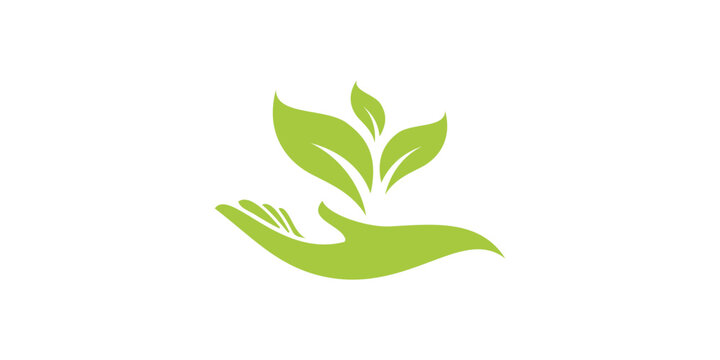 Hand logo design, leaf and hand logo design combined. organic green leaves