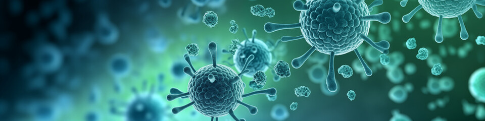 Wide banner with 3D Bacteria microenvironment with flu, fever, covid virus, cancer cells, molecules. Health research, oncology, cure concept background. Copy space - obrazy, fototapety, plakaty