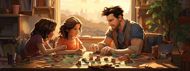 A heartwarming scene of a father and his daughters playing a board game together in a sunlit room with a city view.