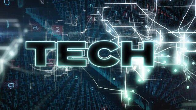 Animation of tech text on lines over multiple texts, symbols, numbers and binary codes in background