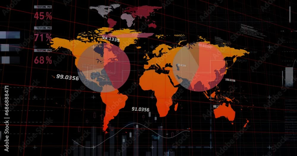 Poster animation of multicolored infographic interface and map against black background